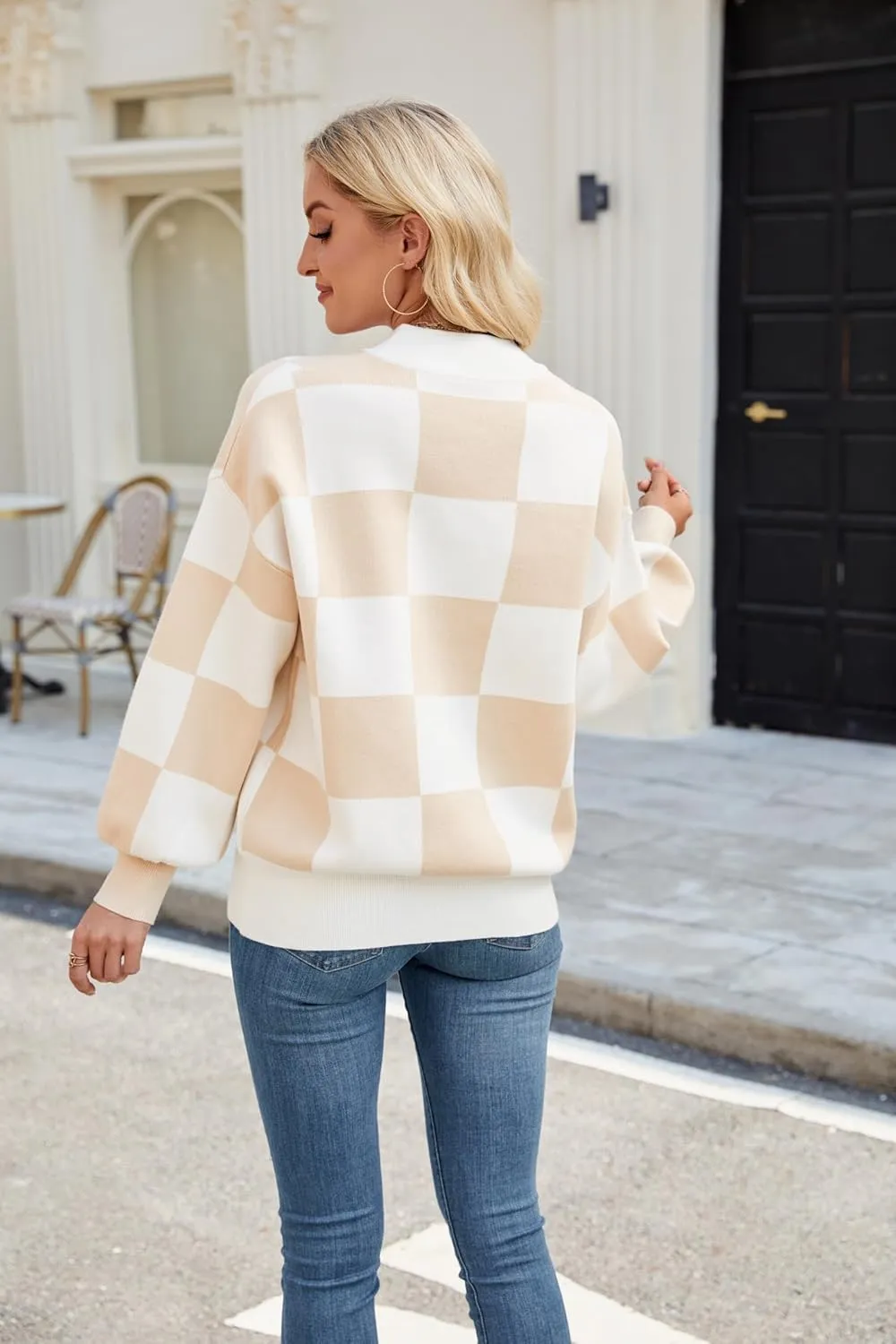 Spring Sweaters for Women, Women's Long Sleeve Turtleneck Stripes Plaid Trendy Oversized Ribbed Knit Pullover Sweater