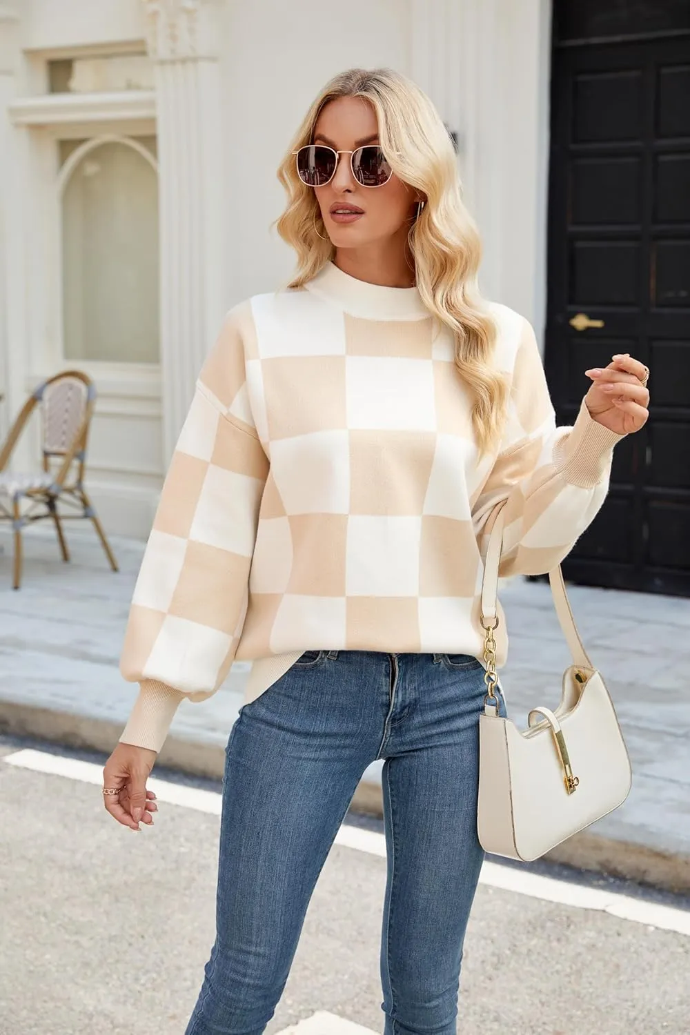Spring Sweaters for Women, Women's Long Sleeve Turtleneck Stripes Plaid Trendy Oversized Ribbed Knit Pullover Sweater