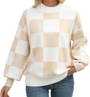 Spring Sweaters for Women, Women's Long Sleeve Turtleneck Stripes Plaid Trendy Oversized Ribbed Knit Pullover Sweater