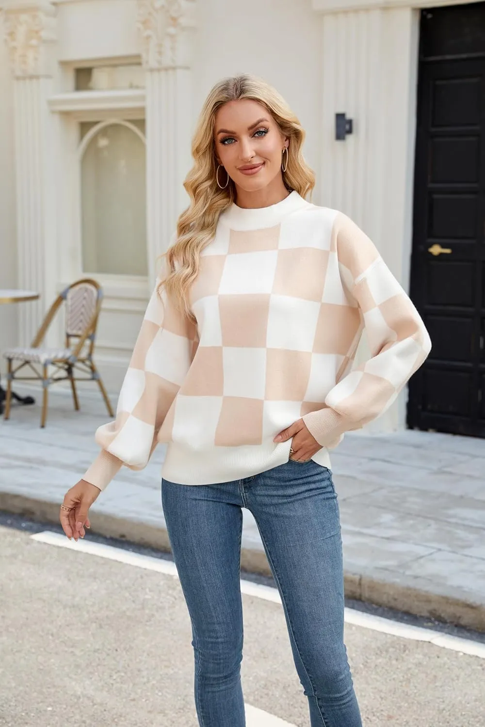 Spring Sweaters for Women, Women's Long Sleeve Turtleneck Stripes Plaid Trendy Oversized Ribbed Knit Pullover Sweater