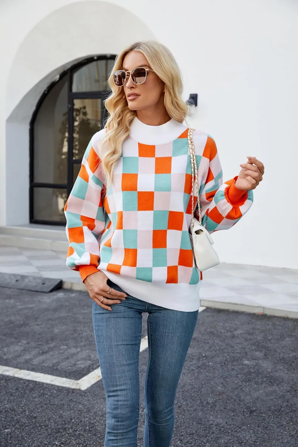 Spring Sweaters for Women, Women's Long Sleeve Turtleneck Stripes Plaid Trendy Oversized Ribbed Knit Pullover Sweater