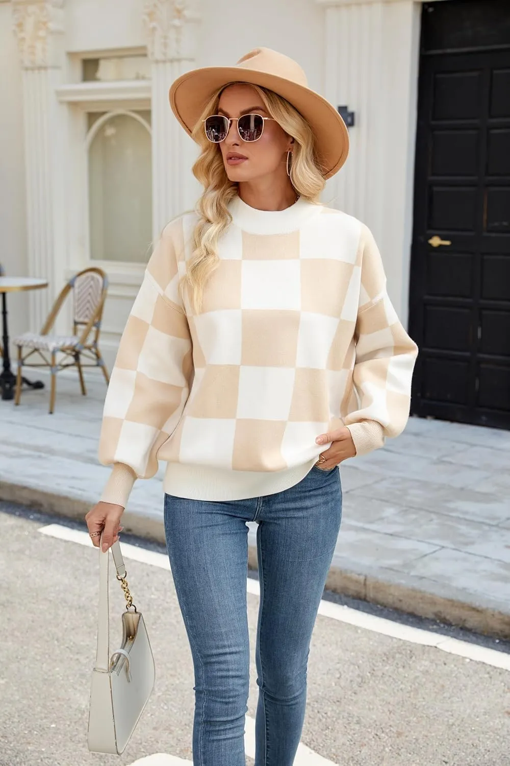 Spring Sweaters for Women, Women's Long Sleeve Turtleneck Stripes Plaid Trendy Oversized Ribbed Knit Pullover Sweater
