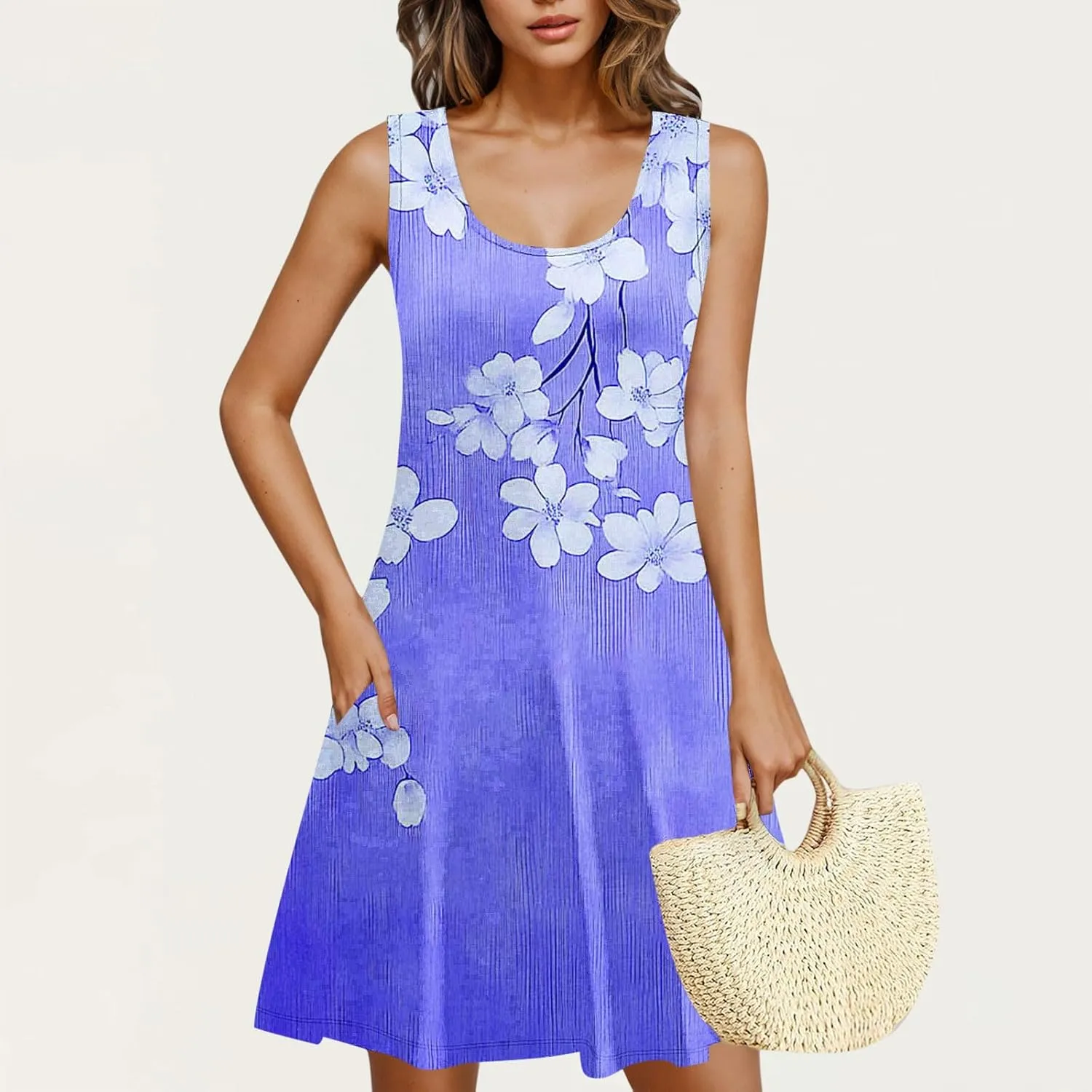 Summer Dresses for Women 2025 Boho Floral Sleeveless Midi Dress Pleated Flowy Dress Casual Loose Beach Outfits