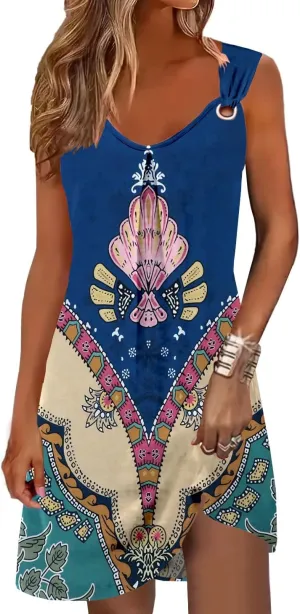 Summer Dresses for Women Scoop Neck O-Ring Shoulder Tank Dress 2025 Casual Mini Beach Sundress