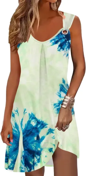 Summer Dresses for Women Scoop Neck O-Ring Shoulder Tank Dress 2025 Casual Mini Beach Sundress