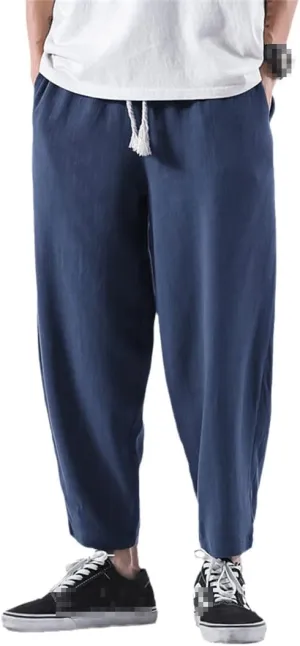 Summer Mens Breathable Linen Pants Elastic Waist Chinese Style Cotton Trousers Hip Hop Casual Harem Pants
