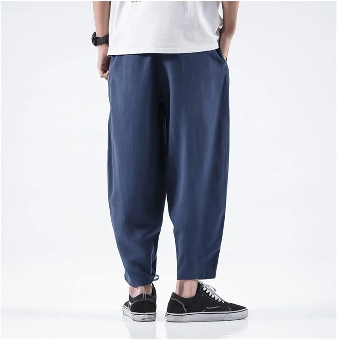 Summer Mens Breathable Linen Pants Elastic Waist Chinese Style Cotton Trousers Hip Hop Casual Harem Pants