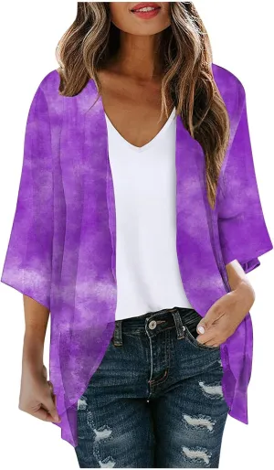 Summer Puff Sleeve Cardigans Womens Fashion Floral Printed Kimono Cardigan Casual Loose Fit lightweight Cover Up Blouse Tops