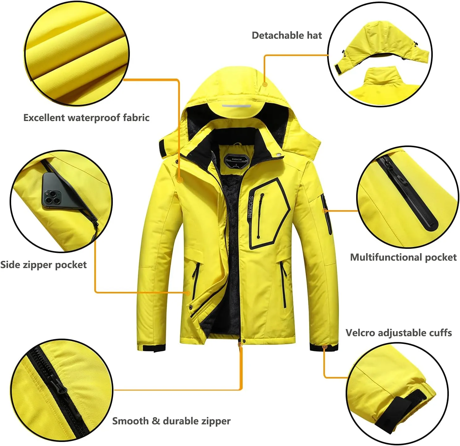 SUOKENI Women's Waterproof Warm Winter Snow Coat Hooded Raincoat Ski Snowboarding Jacket