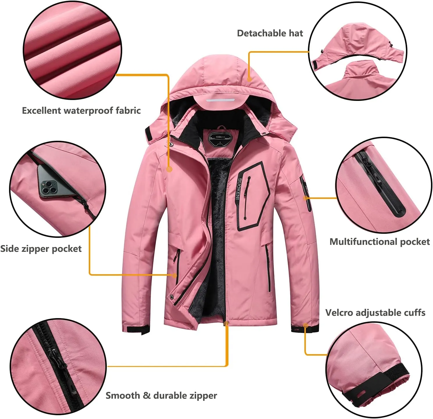 SUOKENI Women's Waterproof Warm Winter Snow Coat Hooded Raincoat Ski Snowboarding Jacket