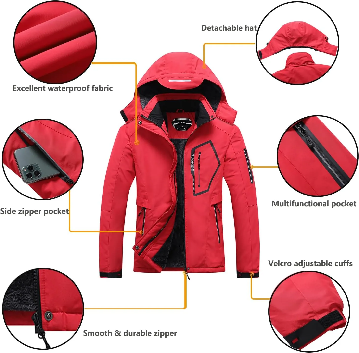 SUOKENI Women's Waterproof Warm Winter Snow Coat Hooded Raincoat Ski Snowboarding Jacket