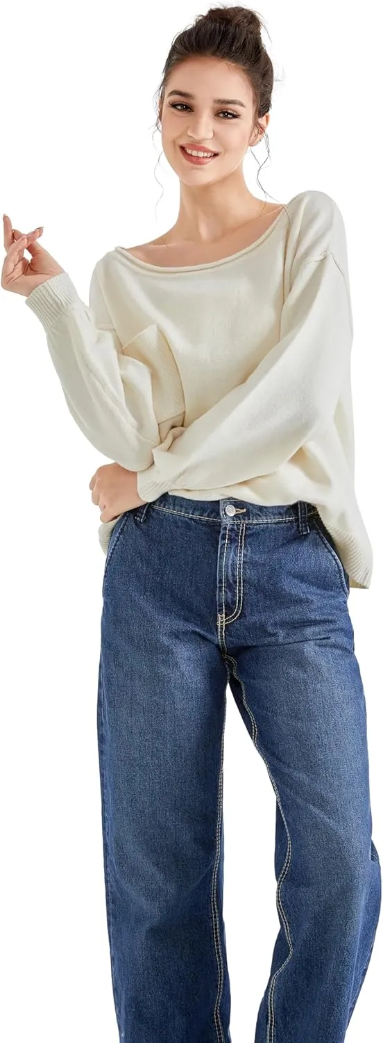 SUUKSESS Women Off The Shoulder Spring Sweaters Long Sleeve Boat Neck Oversized Pullover Sweater Tops