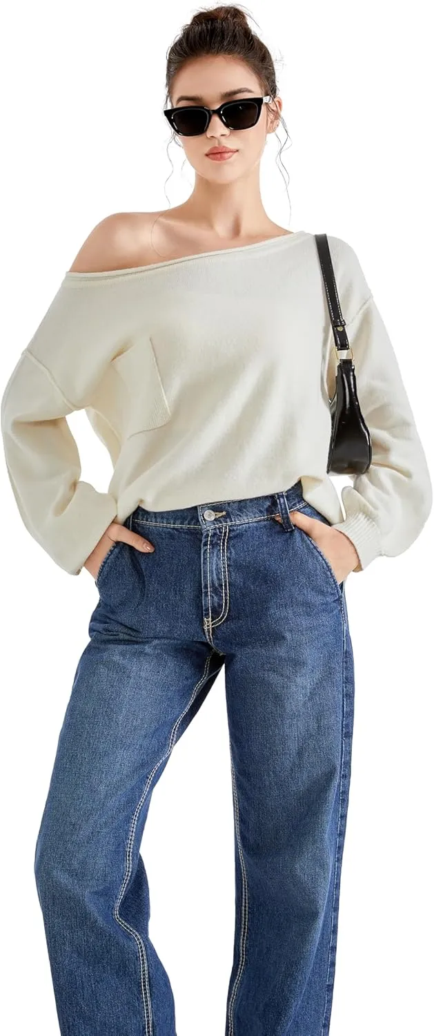 SUUKSESS Women Off The Shoulder Spring Sweaters Long Sleeve Boat Neck Oversized Pullover Sweater Tops