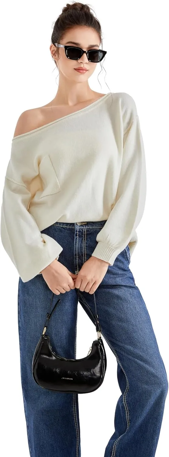 SUUKSESS Women Off The Shoulder Spring Sweaters Long Sleeve Boat Neck Oversized Pullover Sweater Tops