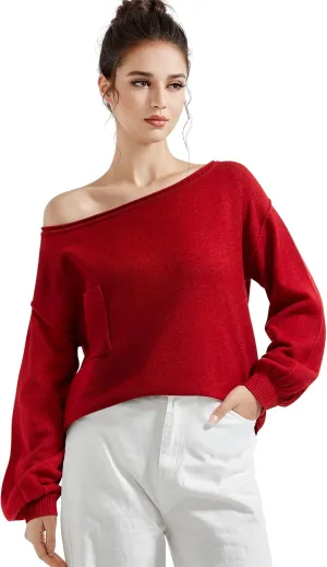 SUUKSESS Women Off The Shoulder Spring Sweaters Long Sleeve Boat Neck Oversized Pullover Sweater Tops