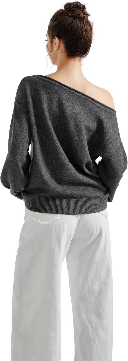 SUUKSESS Women Off The Shoulder Spring Sweaters Long Sleeve Boat Neck Oversized Pullover Sweater Tops