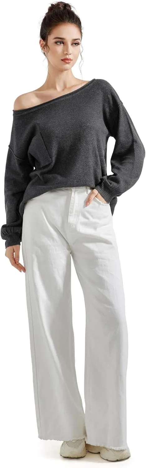 SUUKSESS Women Off The Shoulder Spring Sweaters Long Sleeve Boat Neck Oversized Pullover Sweater Tops