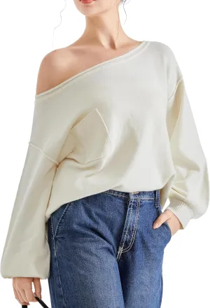 SUUKSESS Women Off The Shoulder Spring Sweaters Long Sleeve Boat Neck Oversized Pullover Sweater Tops