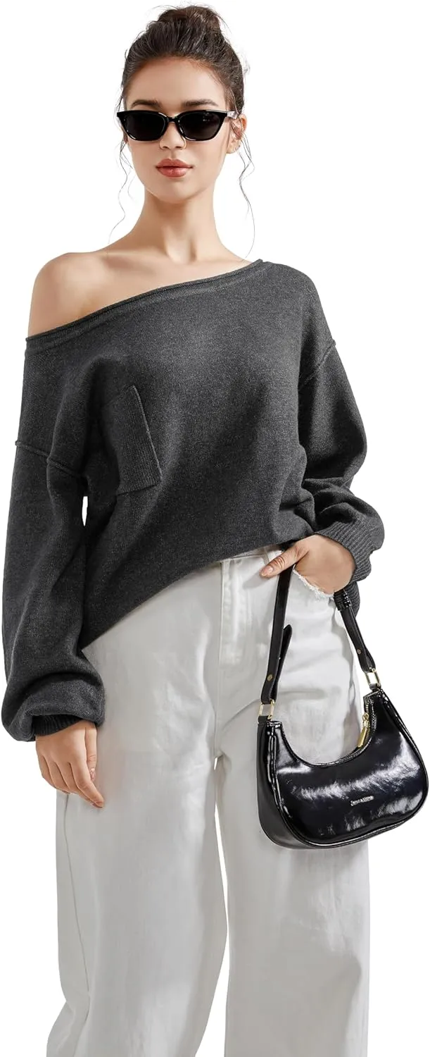 SUUKSESS Women Off The Shoulder Spring Sweaters Long Sleeve Boat Neck Oversized Pullover Sweater Tops