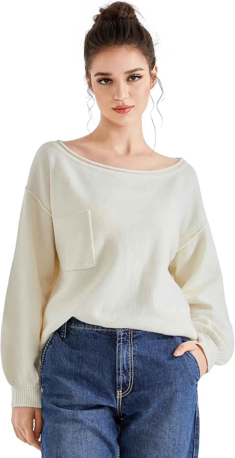 SUUKSESS Women Off The Shoulder Spring Sweaters Long Sleeve Boat Neck Oversized Pullover Sweater Tops