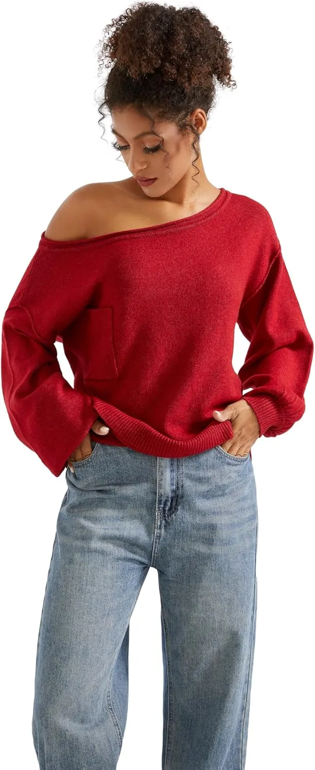 SUUKSESS Women Off The Shoulder Spring Sweaters Long Sleeve Boat Neck Oversized Pullover Sweater Tops