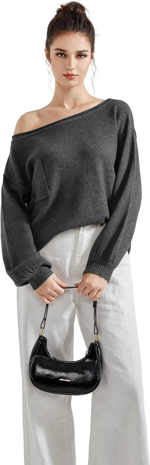 SUUKSESS Women Off The Shoulder Spring Sweaters Long Sleeve Boat Neck Oversized Pullover Sweater Tops