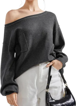SUUKSESS Women Off The Shoulder Spring Sweaters Long Sleeve Boat Neck Oversized Pullover Sweater Tops
