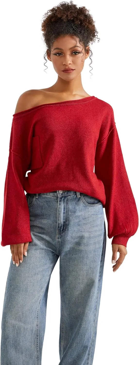 SUUKSESS Women Off The Shoulder Spring Sweaters Long Sleeve Boat Neck Oversized Pullover Sweater Tops