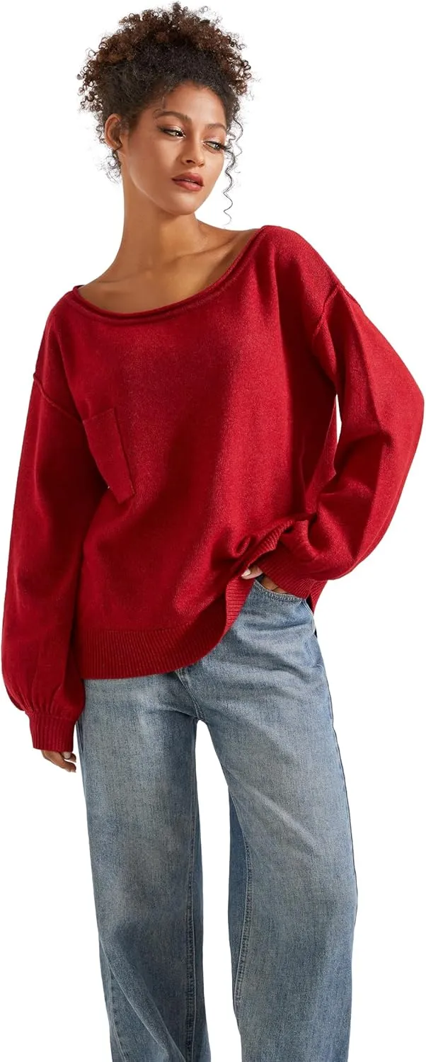 SUUKSESS Women Off The Shoulder Spring Sweaters Long Sleeve Boat Neck Oversized Pullover Sweater Tops