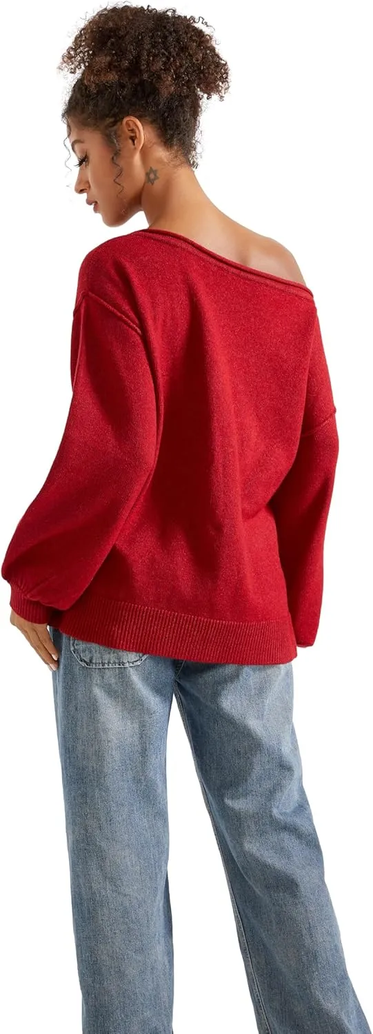 SUUKSESS Women Off The Shoulder Spring Sweaters Long Sleeve Boat Neck Oversized Pullover Sweater Tops