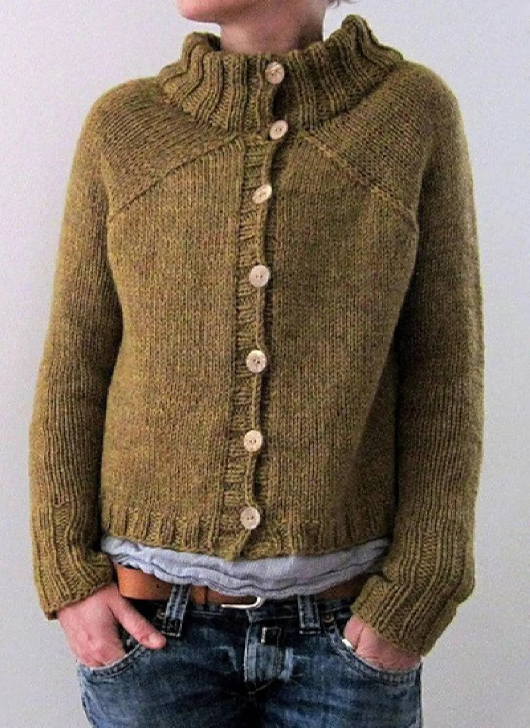 Sweaters for Women Mock Neck Long Sleeve Solid Color Cardigan Loose Fit Open Front Buttons Jumper Winter Fashion