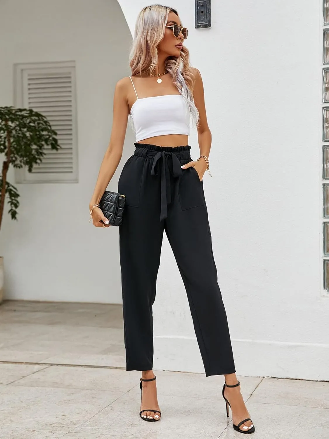 SweatyRocks Women's Paperbag Elastic High Waist Belted Trousers Carrot Pants with Pocket