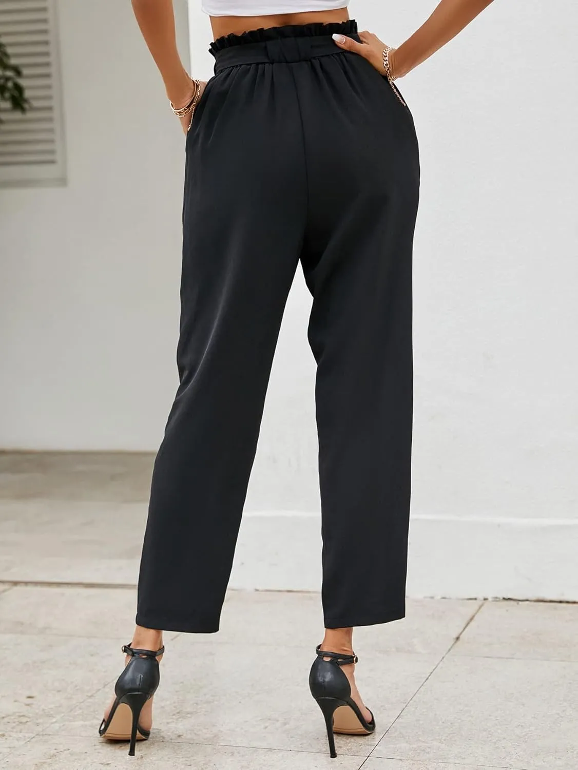 SweatyRocks Women's Paperbag Elastic High Waist Belted Trousers Carrot Pants with Pocket