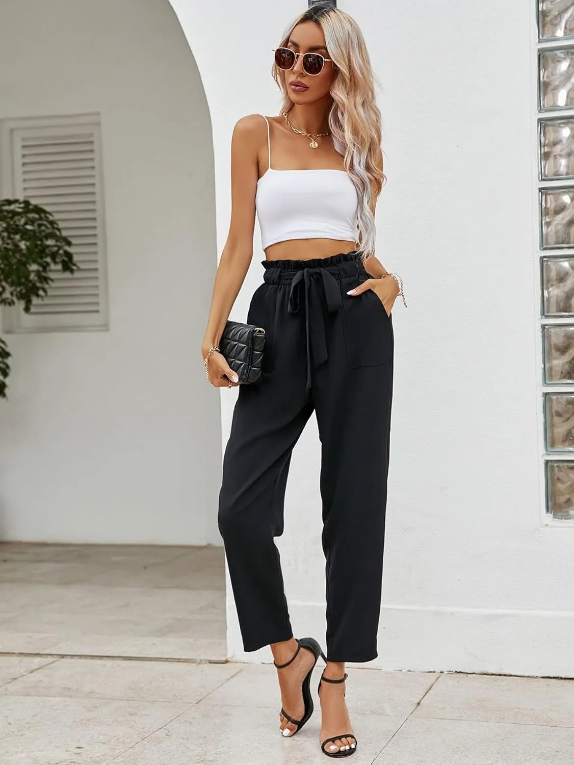 SweatyRocks Women's Paperbag Elastic High Waist Belted Trousers Carrot Pants with Pocket