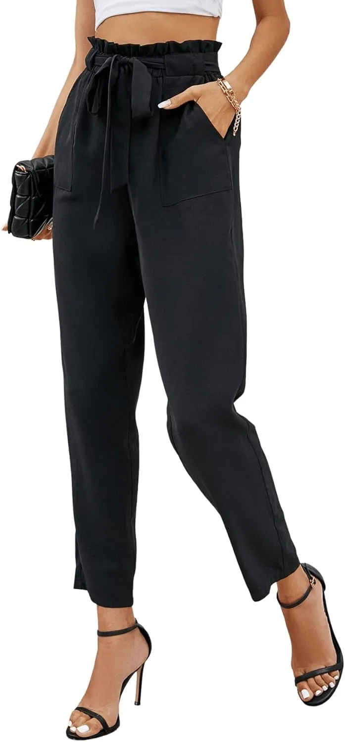 SweatyRocks Women's Paperbag Elastic High Waist Belted Trousers Carrot Pants with Pocket