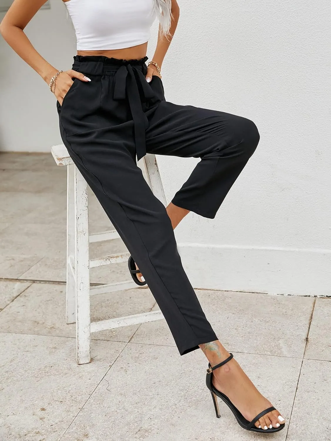 SweatyRocks Women's Paperbag Elastic High Waist Belted Trousers Carrot Pants with Pocket
