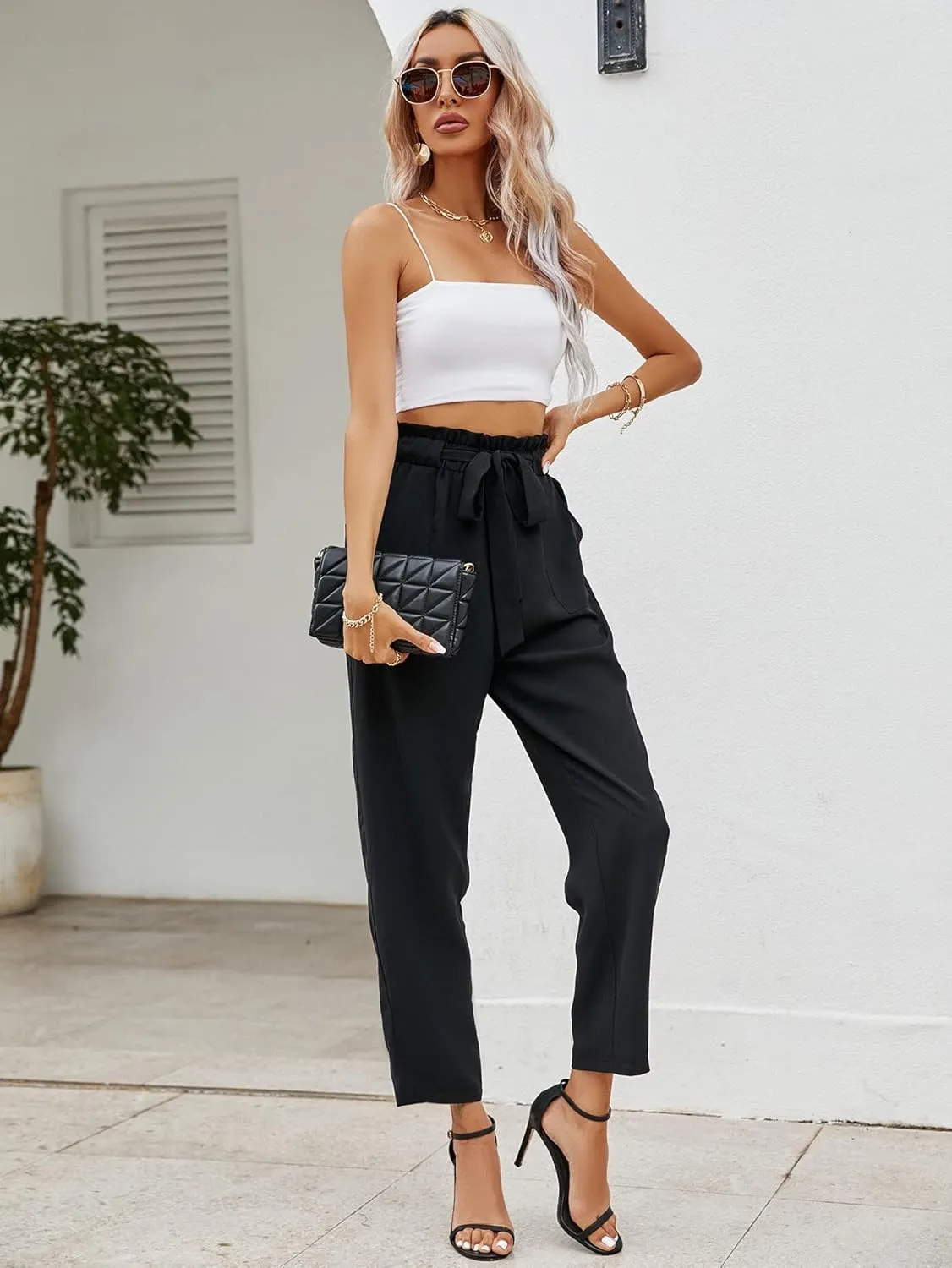 SweatyRocks Women's Paperbag Elastic High Waist Belted Trousers Carrot Pants with Pocket