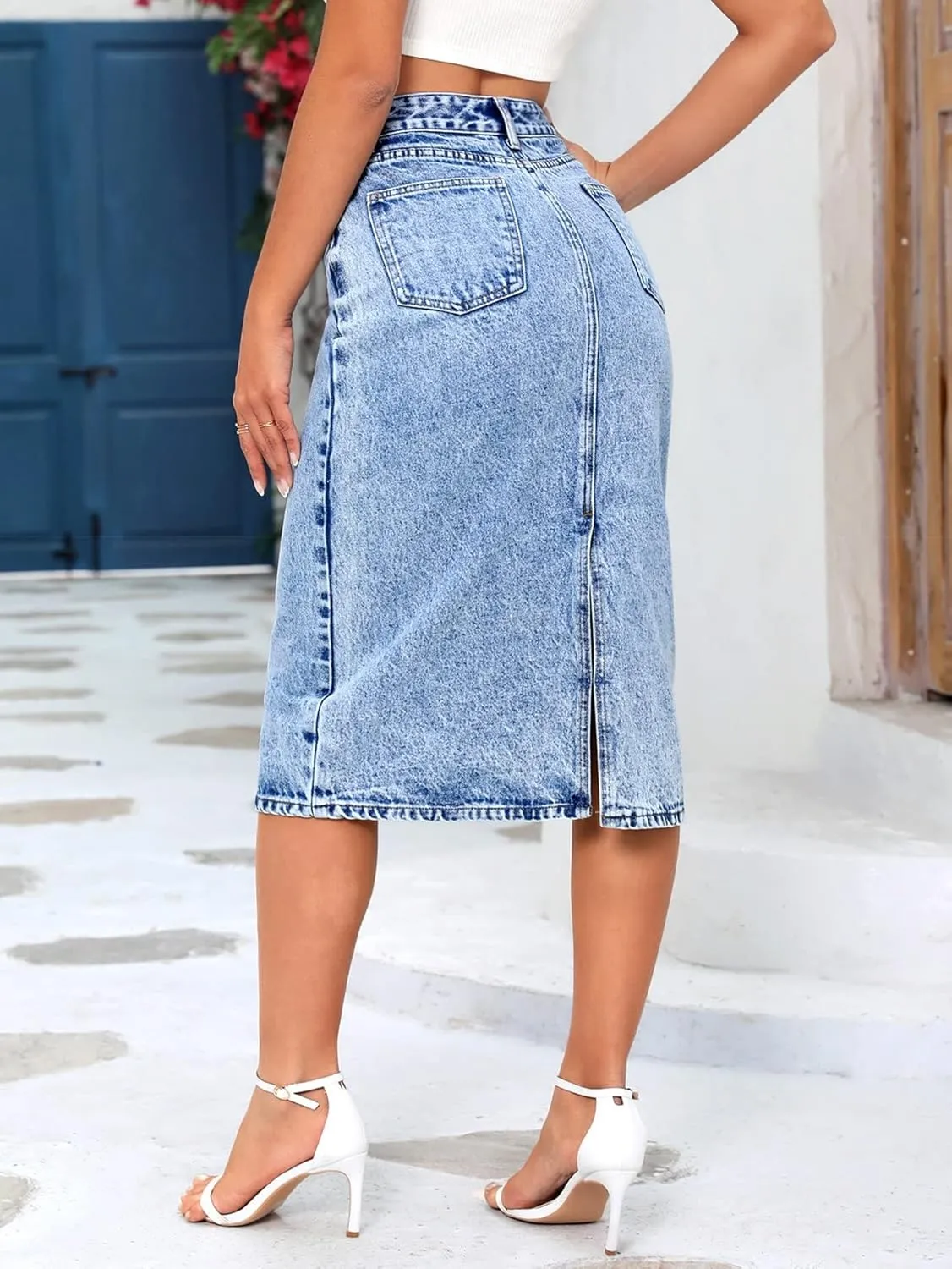 SweatyRocks Women's Split Thigh Back High Waist Jean Skirts Basic Pencil Midi Denim Skirt