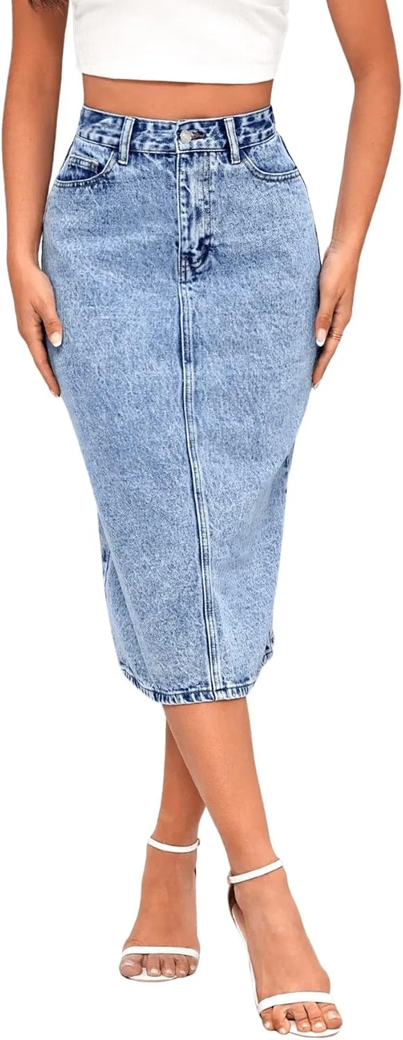 SweatyRocks Women's Split Thigh Back High Waist Jean Skirts Basic Pencil Midi Denim Skirt