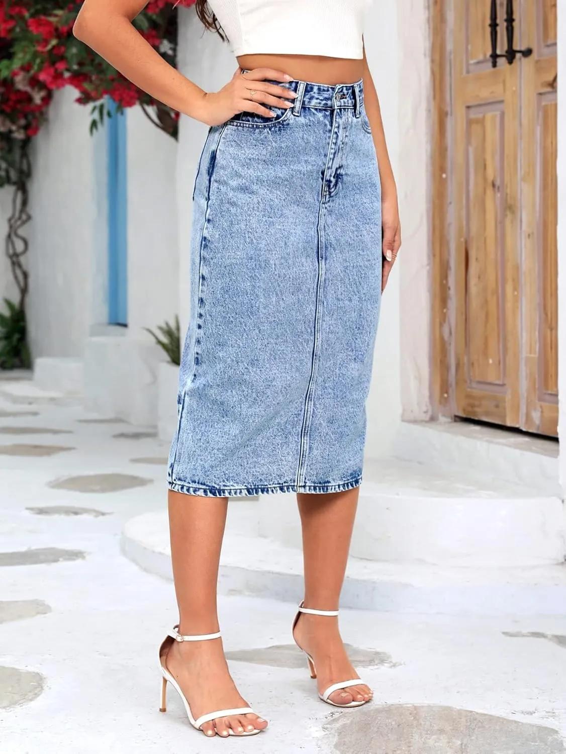 SweatyRocks Women's Split Thigh Back High Waist Jean Skirts Basic Pencil Midi Denim Skirt