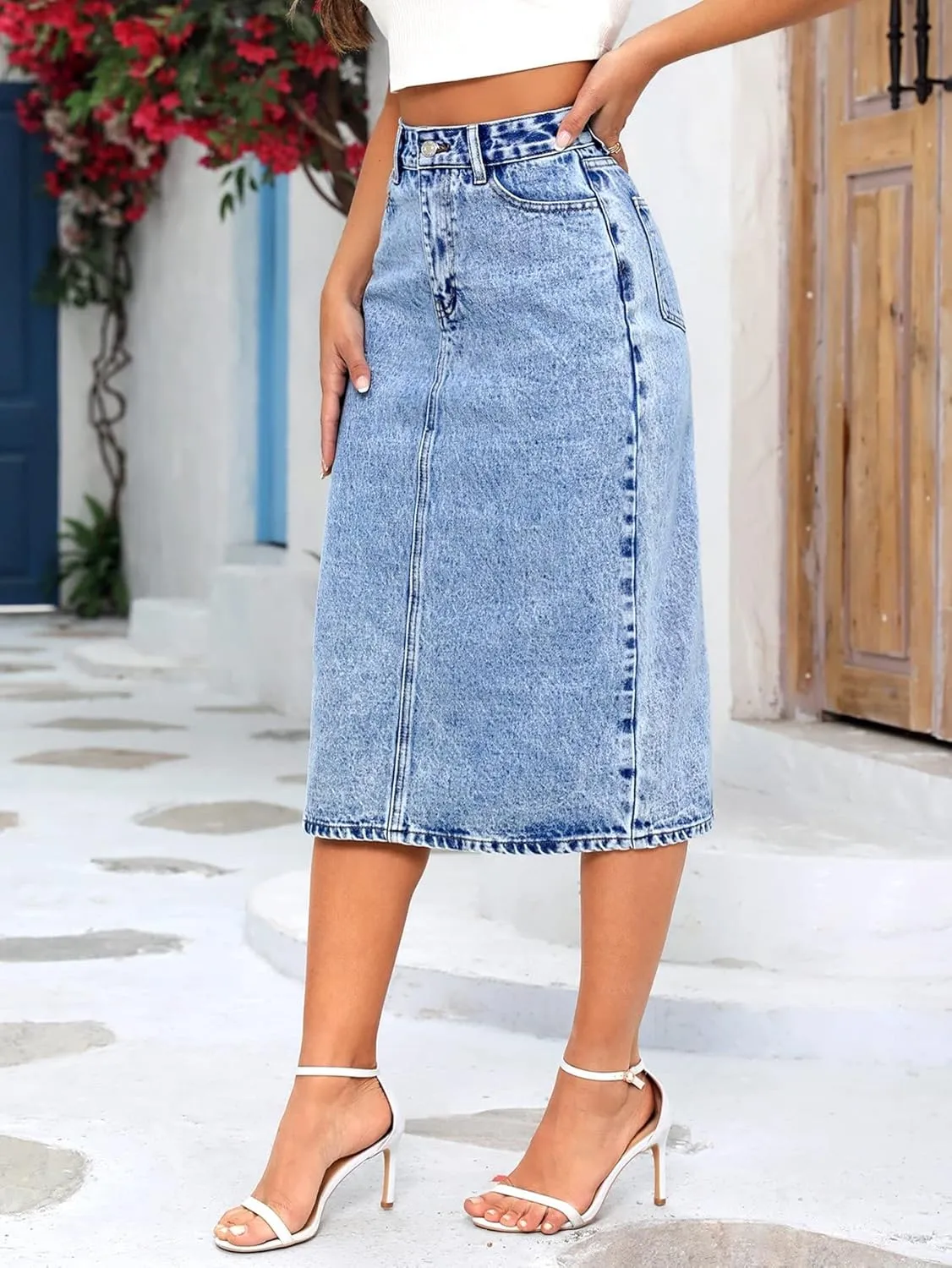 SweatyRocks Women's Split Thigh Back High Waist Jean Skirts Basic Pencil Midi Denim Skirt