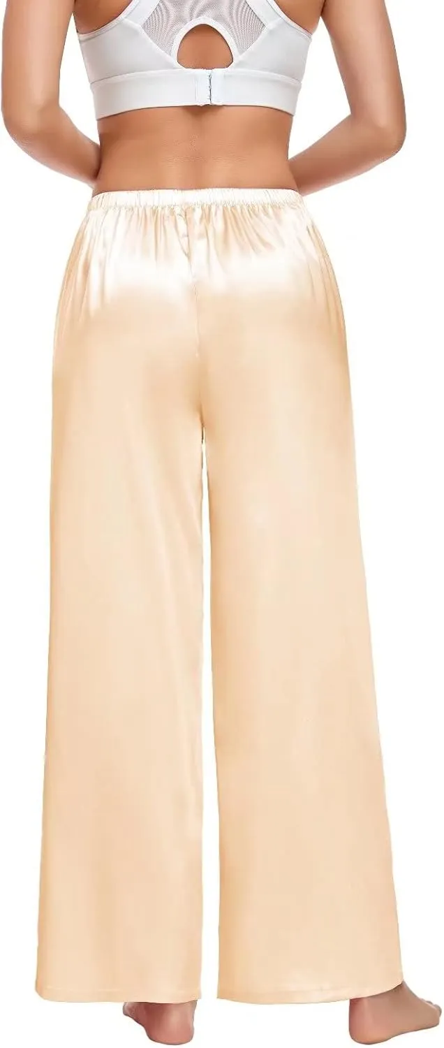 SWOMOG Women's Silk Satin Pajama Pants Longs Silky Sleep Pants Loungewear Trousers Elastic Waist Lounge Pj Bottoms
