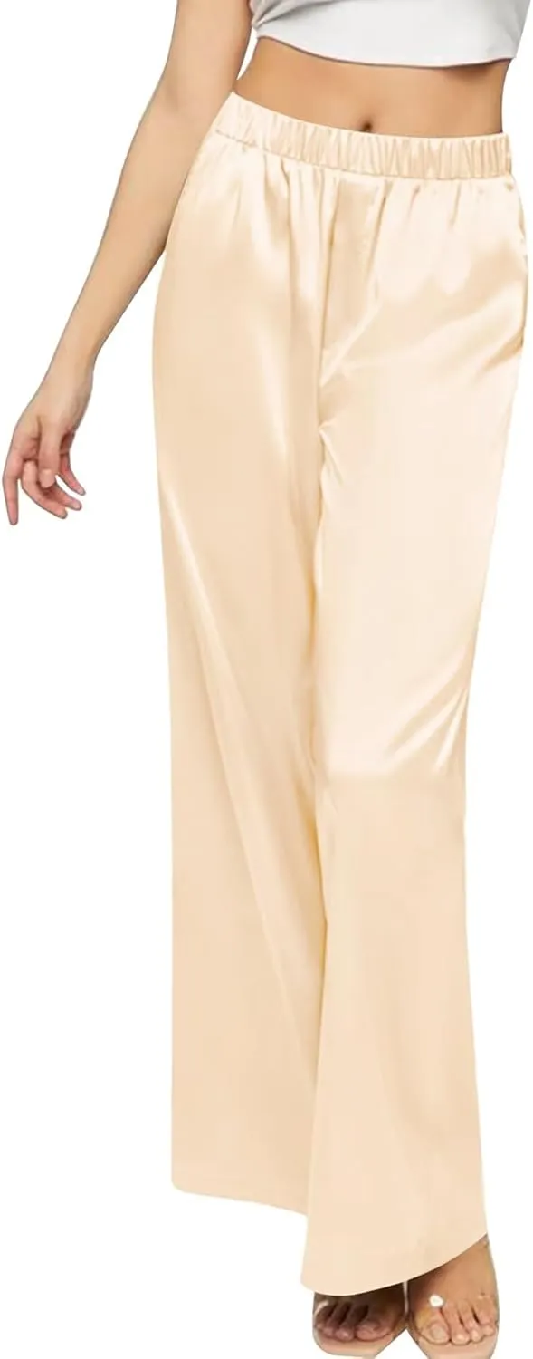 SWOMOG Women's Silk Satin Pajama Pants Longs Silky Sleep Pants Loungewear Trousers Elastic Waist Lounge Pj Bottoms