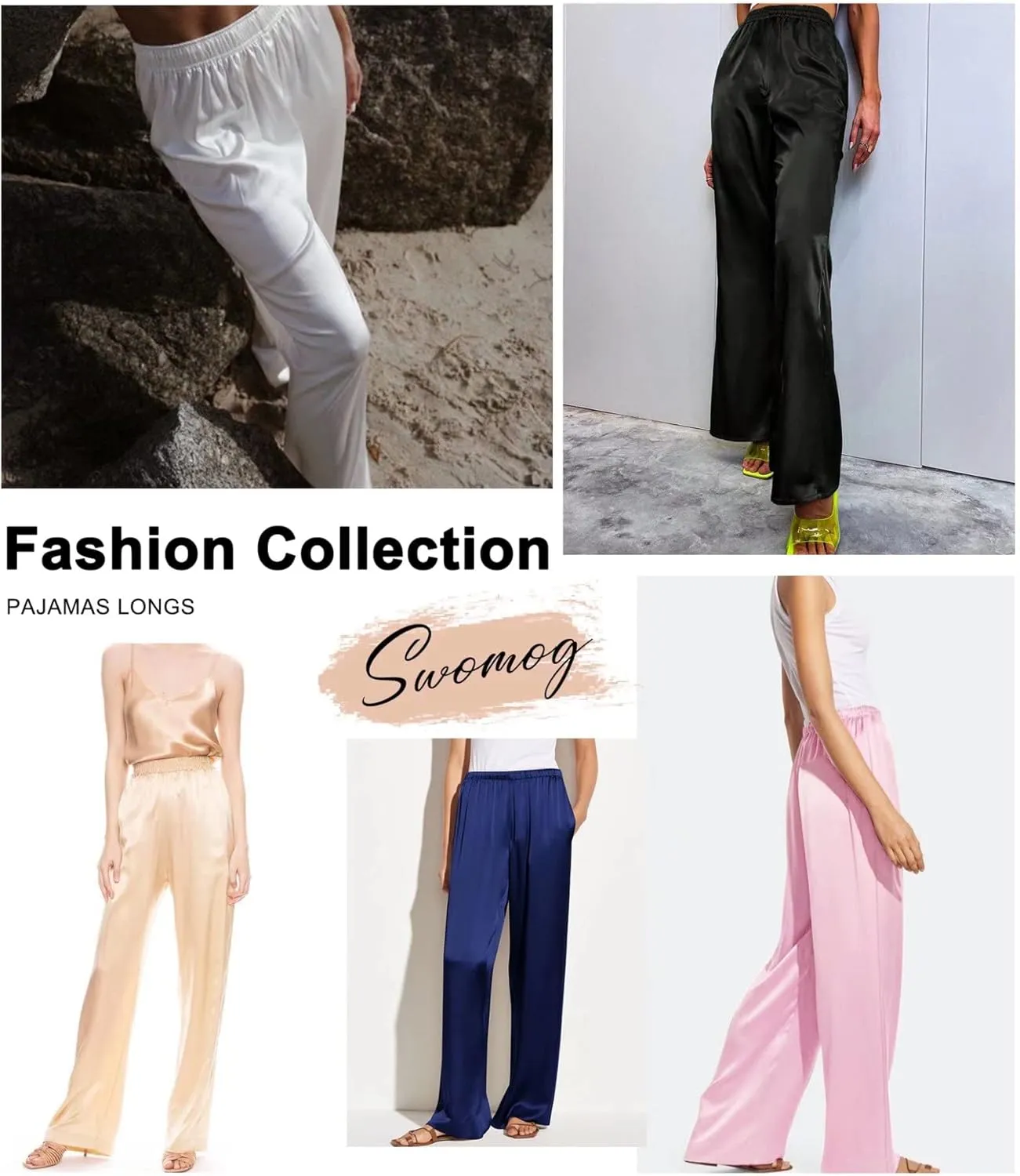 SWOMOG Women's Silk Satin Pajama Pants Longs Silky Sleep Pants Loungewear Trousers Elastic Waist Lounge Pj Bottoms