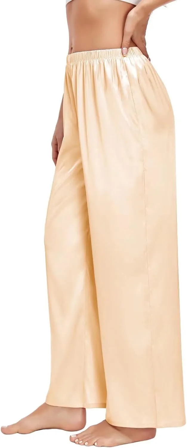 SWOMOG Women's Silk Satin Pajama Pants Longs Silky Sleep Pants Loungewear Trousers Elastic Waist Lounge Pj Bottoms