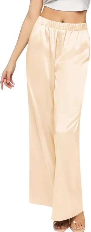 SWOMOG Women's Silk Satin Pajama Pants Longs Silky Sleep Pants Loungewear Trousers Elastic Waist Lounge Pj Bottoms