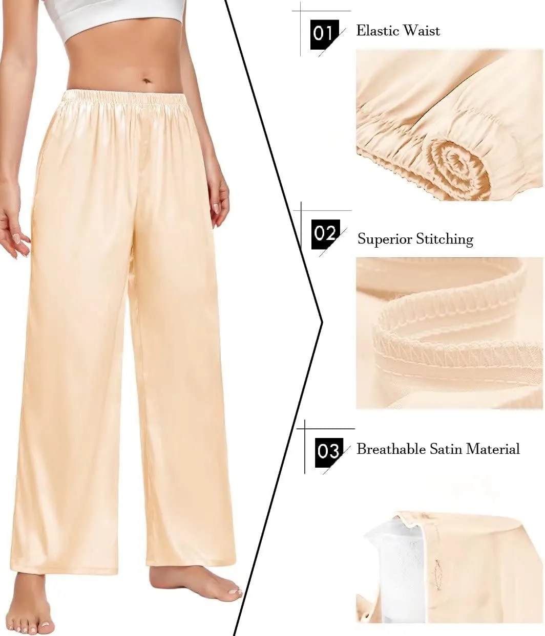 SWOMOG Women's Silk Satin Pajama Pants Longs Silky Sleep Pants Loungewear Trousers Elastic Waist Lounge Pj Bottoms