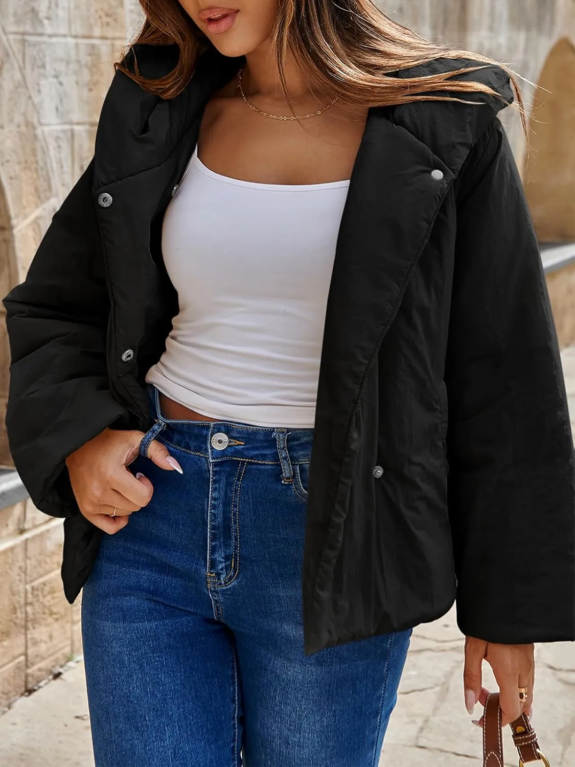 Tankaneo Womens Cropped Puffer Coat Hoodies Oversized Lightweight Winter Jacket Warm Long Sleeve Outerwear