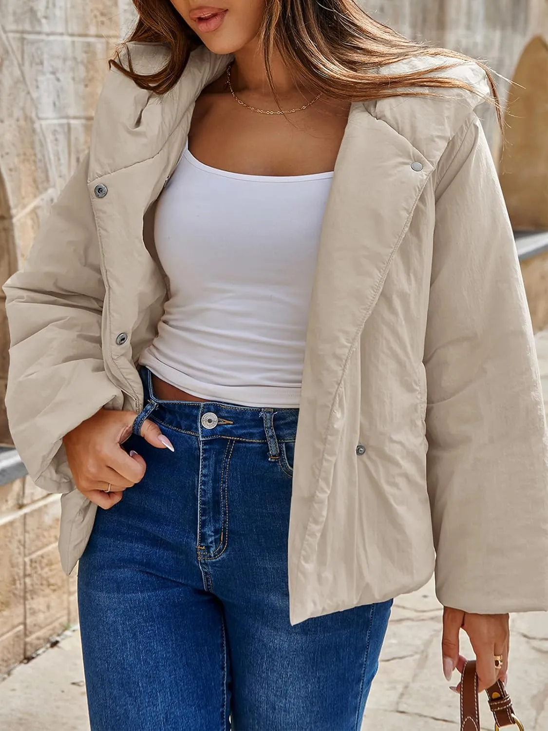 Tankaneo Womens Cropped Puffer Coat Hoodies Oversized Lightweight Winter Jacket Warm Long Sleeve Outerwear