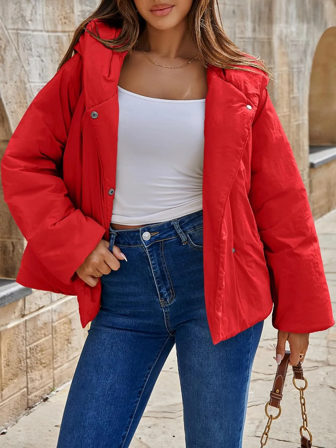 Tankaneo Womens Cropped Puffer Coat Hoodies Oversized Lightweight Winter Jacket Warm Long Sleeve Outerwear